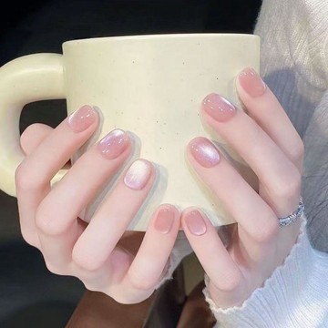 美甲貼片 指甲貼片 粉晶石貓眼手工穿戴甲美甲短款高級感裸色美甲成品假指甲貼片 甲片 美甲片 穿戴甲