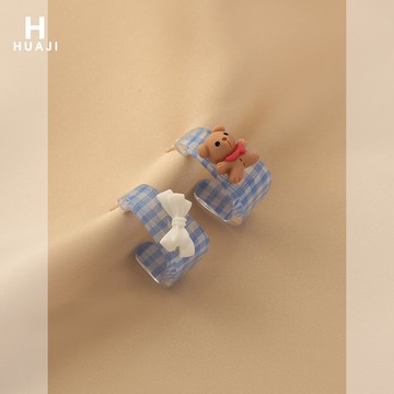 花跡小熊蝴蝶結耳環女可愛甜美少女藍白格子耳釘2021年新款潮耳飾