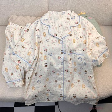 雲朵棉紗感夏季睡衣女短袖短褲兩件套超柔軟甜美印花家居服可外穿可愛睡衣韓國居家服睡衣寬鬆睡衣短袖居家服