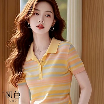 初色 冰絲襯衫領拚色條紋短袖翻領針織衫上衣女上衣-黃色-11087(F可選/現貨+預購)