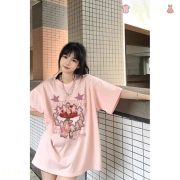 【台灣出貨】多巴胺粉色星星人物印花短袖T恤女 夏季寬鬆休閒情侶上衣 純棉體恤 短袖上衣 大學T 上衣女 T恤女 短袖t恤