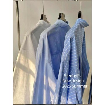 藍色條紋防曬襯衫女夏季韓系高級感寬松顯瘦百搭防曬外套襯衣上衣