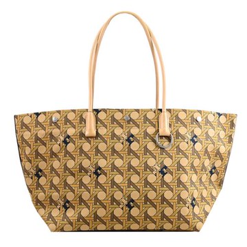 TORY BURCH 139623 花紋LOGO帆布提籃大容量托特包.棕褐