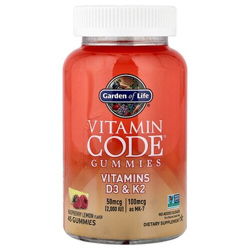 Garden of Life, Vitamin Code® 軟糖，維生素 D3 和 K2，樹莓檸檬味，45 粒