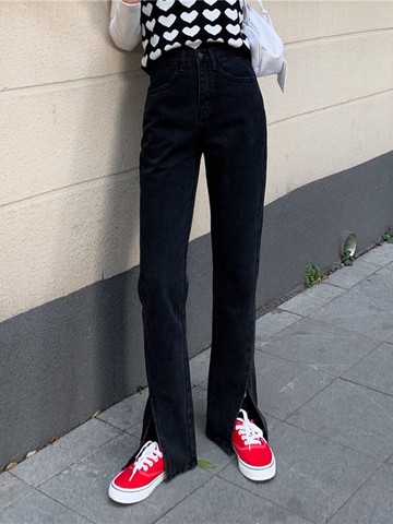 開叉高腰牛仔褲女新款春秋季直筒寬松顯瘦拖地闊腿褲子潮ins