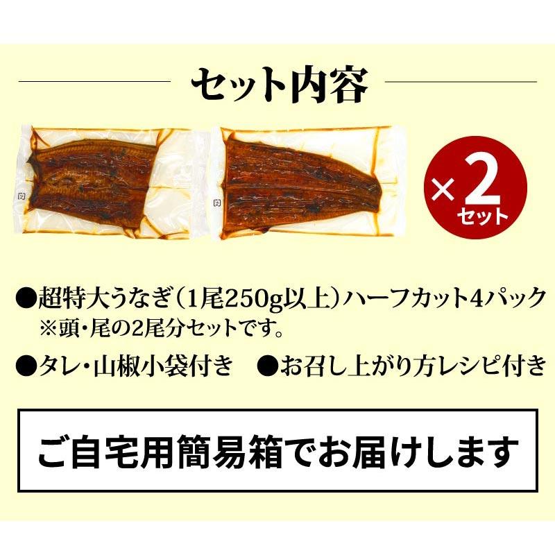 超特大うなぎハーフカット蒲焼 4パックセット 500g以上 4人前 国産うなぎ 蒲焼 土用の丑の日 土用 丑の日 ご自宅用 お取り寄せ 簡易箱 冷凍 送料無料