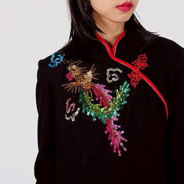 【蛋植物古著】七彩鳳凰亮片毛料古著旗袍