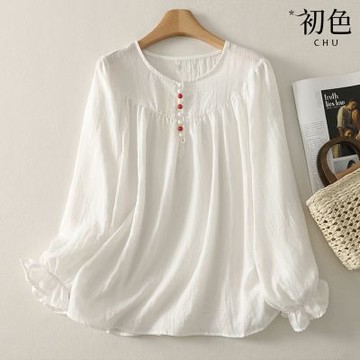 初色 純色寬鬆圓領長袖寬鬆娃娃衫襯衫上衣女上衣-白色-15067(M-2XL可選)