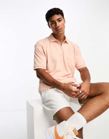 Selected Homme oversize polo with zip neck in pink