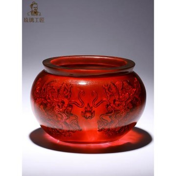 吉祥物高檔琉璃魚缸龍聚寶盆擺件招財紅色水晶工藝品客廳桌面裝飾
