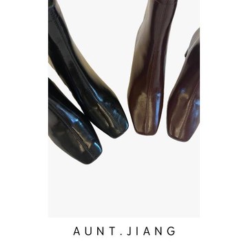 2024秋冬法式復古紅棕色簡約小方頭粗跟真皮短靴瘦瘦靴扁跟裸靴女