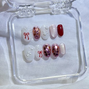 ✨Hannah✨純手工穿戴甲小紅書爆款ins風輕奢手繪蝴蝶結亮片指甲片美甲精緻穿戴甲 K8H7