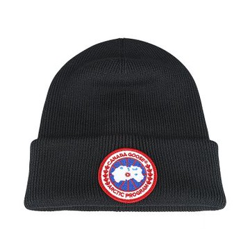 CANADA GOOSE 北極地形圓LOGO設計羊毛螺紋毛帽(黑)