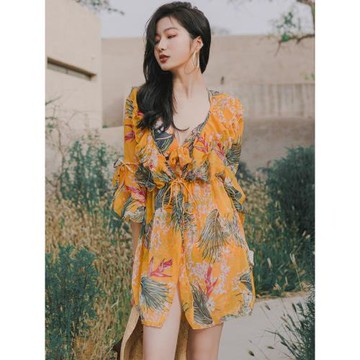 泡溫泉泳衣女三件套2020新款性感小胸聚攏ins風仙女范罩衫比基尼