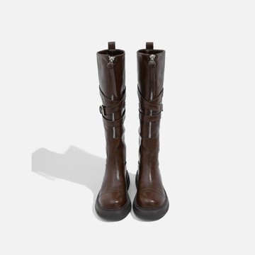 真皮~美拉德厚底長筒靴女騎士靴2025款秋冬顯瘦棕色高筒長靴子