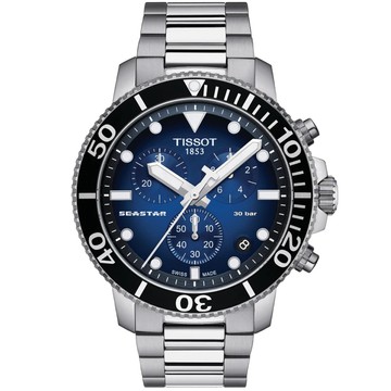 TISSOT 官方授權 Seastar 1000海洋之星三眼計時300米潛水錶/藍/45.5mm/T1204171104101