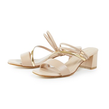 ORIN 金屬斜邊飾條羊皮中跟拖鞋 杏色 #24336