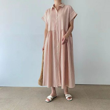 現貨+預購 洋裝短袖連身裙大尺碼長裙連衣裙休閒大碼女裝-寬鬆口袋條紋襯衫裙女裙子2色74kf45【獨家進口】【米蘭精品】