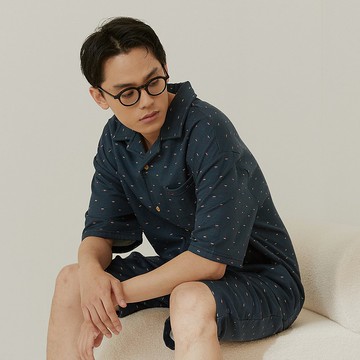 二重紗寬版短袖襯衫居家服套裝-深藏藍/膠原蛋白