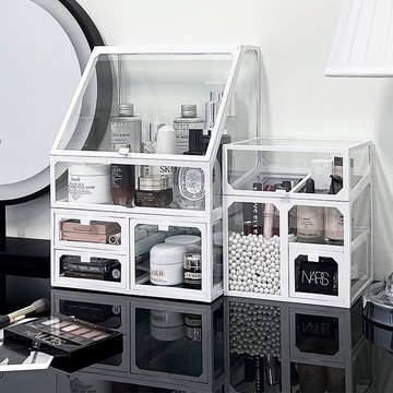 玻璃化妝品收納盒輕奢高級感梳妝臺護膚品香水口紅置物架透明防塵 py6172