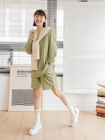 純色華夫格鬆緊綁帶五分寬褲