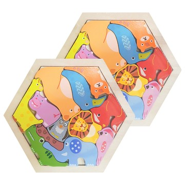 葉子小舖 木製六角拼圖 野生動物 適用15歲以上 2個  1組  12片