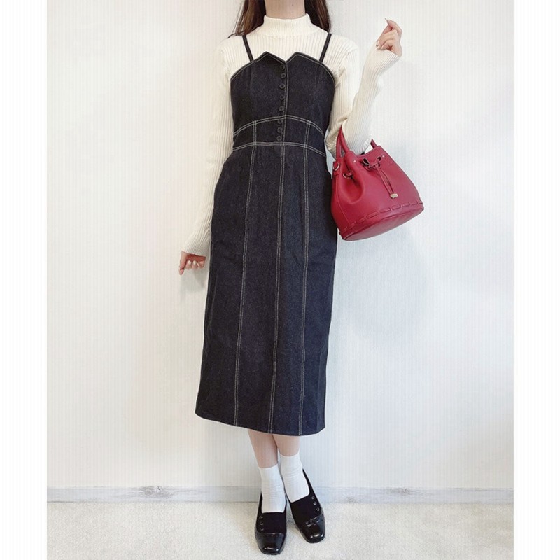 フィント F I N T 配色ステッチデニムタイトジャンパースカート Black 通販 Lineポイント最大2 0 Get Lineショッピング