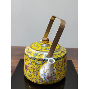 景德鎮陶瓷單茶壺家用客廳辦公用中式琺瑯彩提梁壺茶具套裝復古