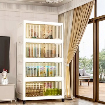 70面寬豎紋摺疊磁吸雙開門四層收納櫃-附滑輪 兩款可選 024494 70面寬【四層-透黑+不透明面板】