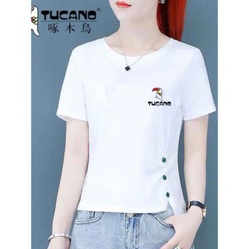 啄木鳥純棉短袖t恤女2025夏季新款韓版寬松百搭不規則短款體恤衫
