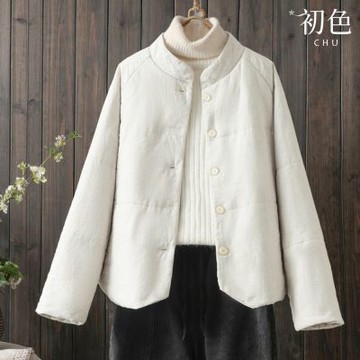 初色 文藝復古風加厚純色單排釦高領長袖夾棉防風外套女外套-麻色-16741(L-2XL可選)