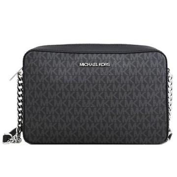 MICHAEL KORS JET SET ITEM 印花皮革鏈帶斜背方包.黑灰/銀