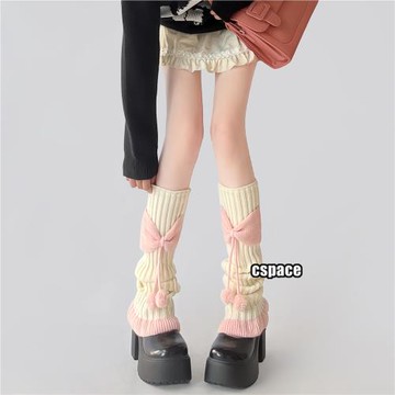 霧里町 可愛少女毛毛球花邊襪套拼色蝴蝶結保暖學院風堆堆小腿套