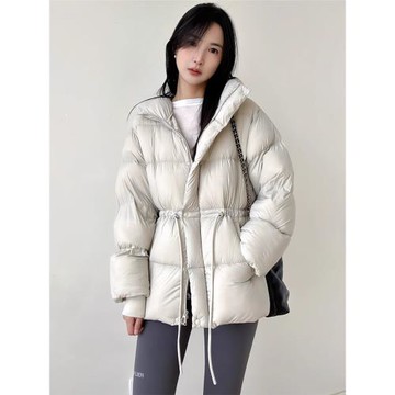 ROUJE SUNG白鴨絨連帽收腰羽絨服女冬輕盈保暖高端泡芙中長款外套