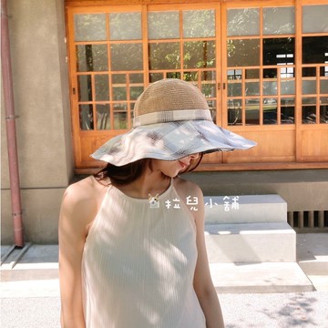 「拉兒小舖」台灣現貨-韓 日系 格子 黑膠 拼接 漁夫帽遮臉帽 大帽沿 遮陽帽 防曬 漁夫帽 超大帽沿