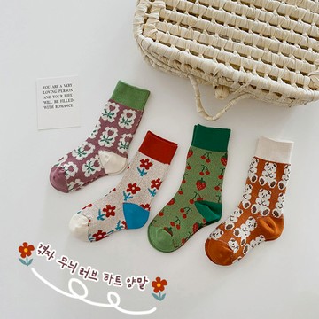 秋季小熊軟糖櫻桃花朵中筒棉襪-4雙一組