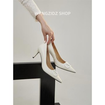 真皮法式方扣尖頭高跟鞋女細跟2024年春秋季新款一腳蹬單鞋子氣質