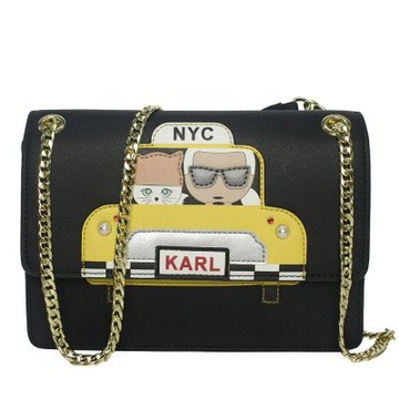 KARL LAGERFELD 卡爾老佛爺貓咪計程車防刮鍊帶斜背包(黑/大)