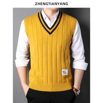 青年撞色毛衣背心男士秋冬季V領針織衫馬夾韓版加厚馬甲男裝潮流