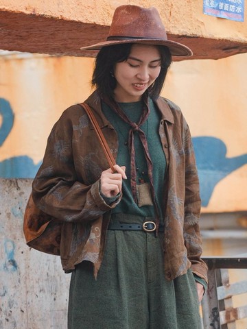 鳳羽 復古苧麻印花開衫 長袖防曬襯衫