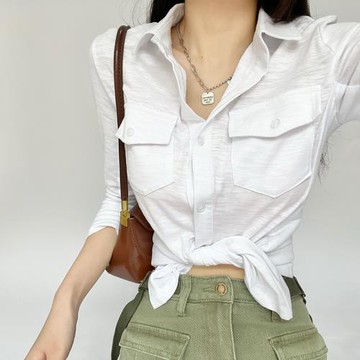 歐美ins博主設計感小眾白色長袖襯衫女早秋新款顯瘦修身內搭上衣