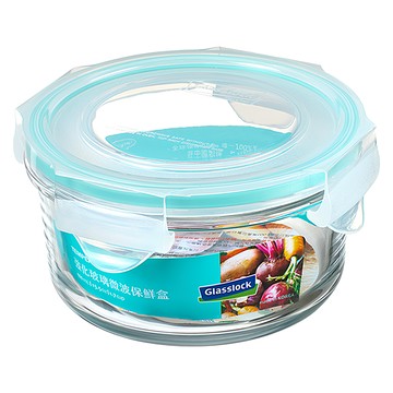 Glasslock 格拉氏洛克 圓形強化玻璃微波保鮮盒 400ml  透明色 + 淺藍色  1個