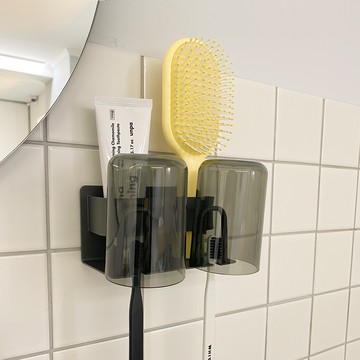 Living Gonggam 免鑽孔牙刷架 刮鬍刀牙膏架 + 漱口杯組 2格  1個  灰色