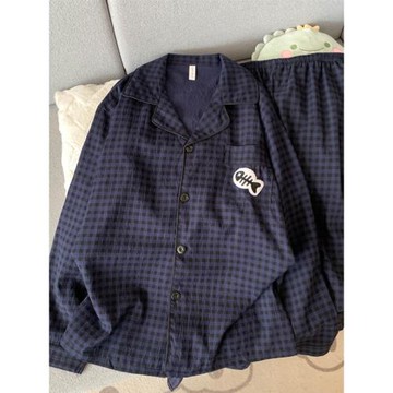 2025新款寶藍格子男士睡衣春秋夏季云朵純棉紗長袖套裝大碼家居服