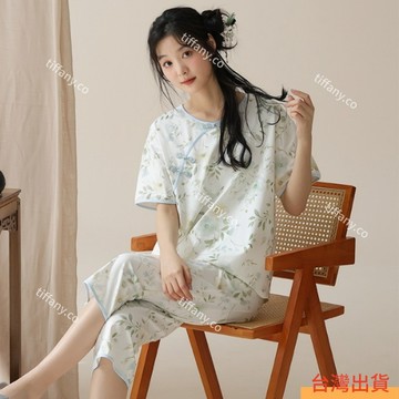 【店鋪熱銷】新中式國風家居服套裝女 甜美休閒短袖七分褲 可外穿時尚套裝 文藝風 吸濕排汗 少女家居服 大尺碼 女生睡衣