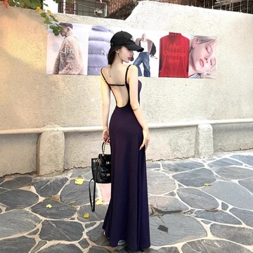 韓系 純欲風露背裙 包臀裙 中長裙 美背吊帶連衣裙女 夏季深藍色長裙 修身收腰長裙 顯身材辣妹包臀裙子 海島度假