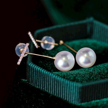 一款兩戴 平衡木T字 日本 Akoya 海水珍珠 耳釘 耳飾 18K金 鑽石 天女級 耳環
