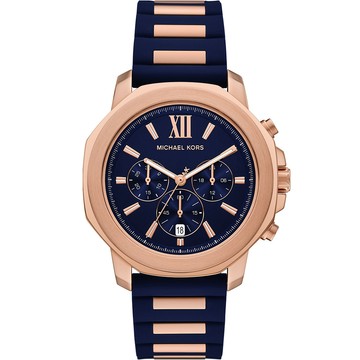 Michael Kors MK Prescott 八角三眼計時手錶 男錶-海軍藍x玫瑰金/44mm MK9261