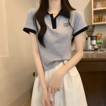 【砂糖夢境】粉色小個子復古正肩polo領短袖t恤女夏季設計感別緻甜辣短款上衣