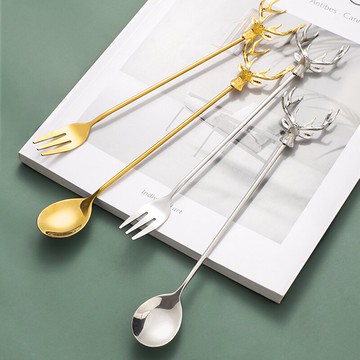 墨色卡通麋鹿304不銹鋼長柄叉 創意水果叉成人主餐叉家用兒童沙拉